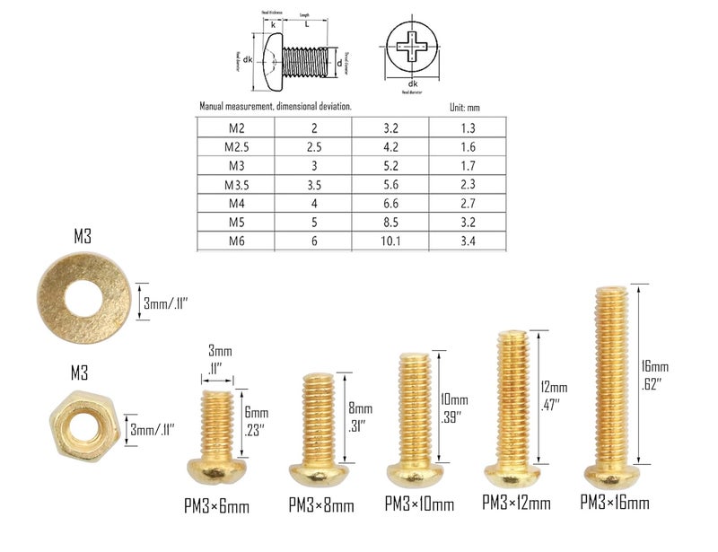 LBY 600pcs Machine Screws Assortment Kit, M3 Phillips Pan Head Bolts, 5 Sizes (with Nuts and Flat Washers), Copper (Yellow) - Image 2